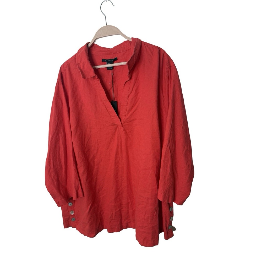 TAHARI Top Womens 3X My Perfect Shape Linen blend red pop over tunic new